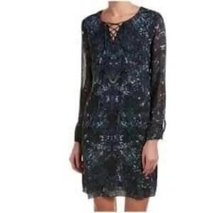CAbi Noel Eternity Damask Lace-Up Long Sleeve Shift Dress Blue Green Size L EUC